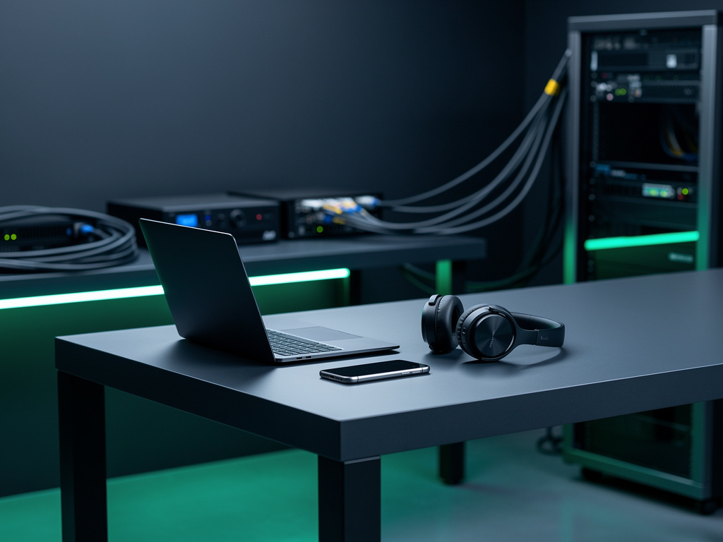 A sleek graphite support desk with a laptop, a phone and a headset, blue and green LEDs glowing behind, nobody in focus.
