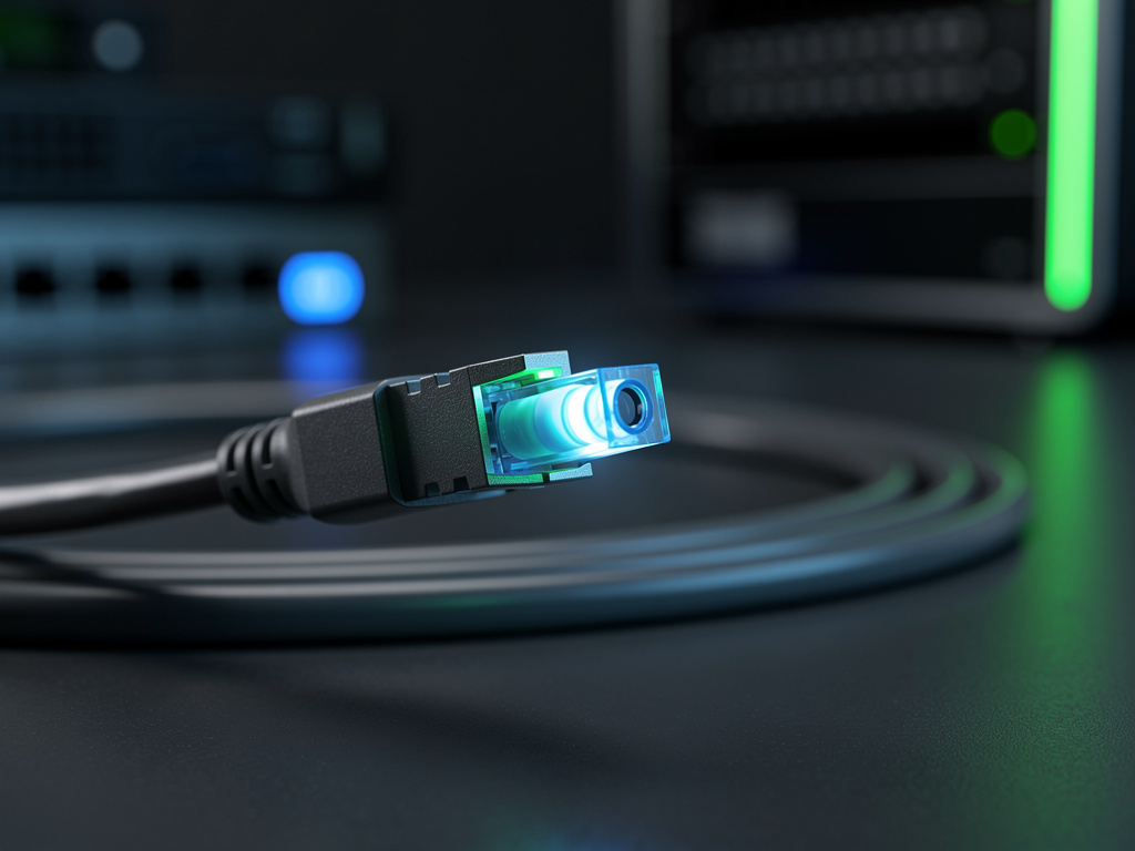 Extreme close-up of a fiber optic connector tip glowing with blue light.