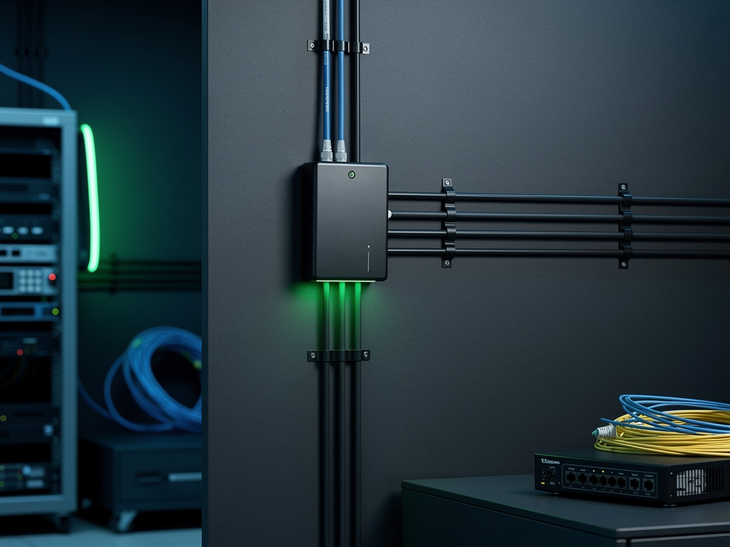 A neatly installed wall-mounted fiber terminal with tidy cable runs on a dark graphite wall.