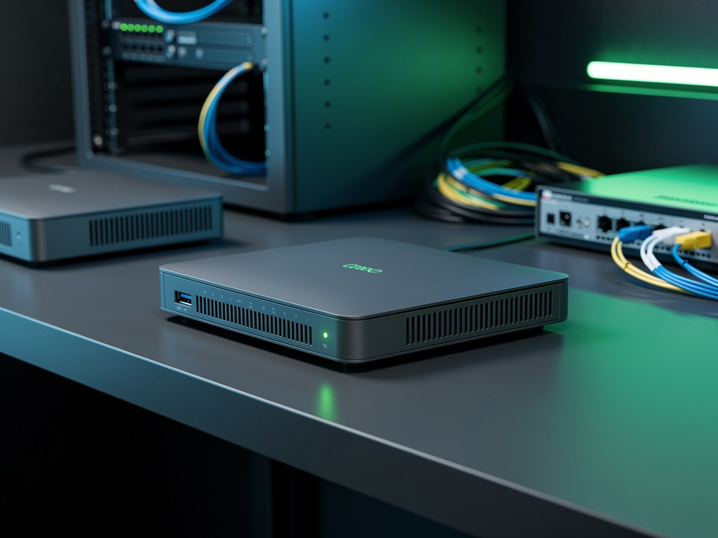 A modern router on a charcoal shelf with green status lights glowing softly.