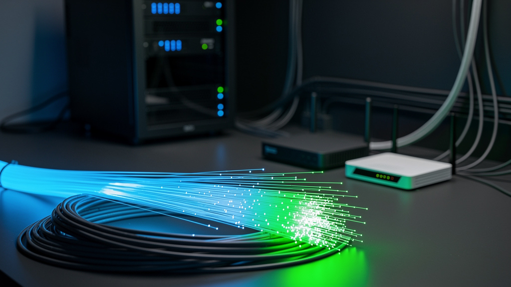Bright strands of fiber optic cable glowing electric blue and neon green against a dark graphite background, light strea