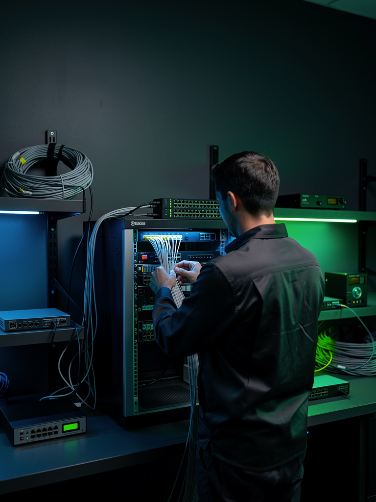 A technician seen from behind organizing fiber cables at a lit server rack, blue LEDs reflecting on the graphite wall.